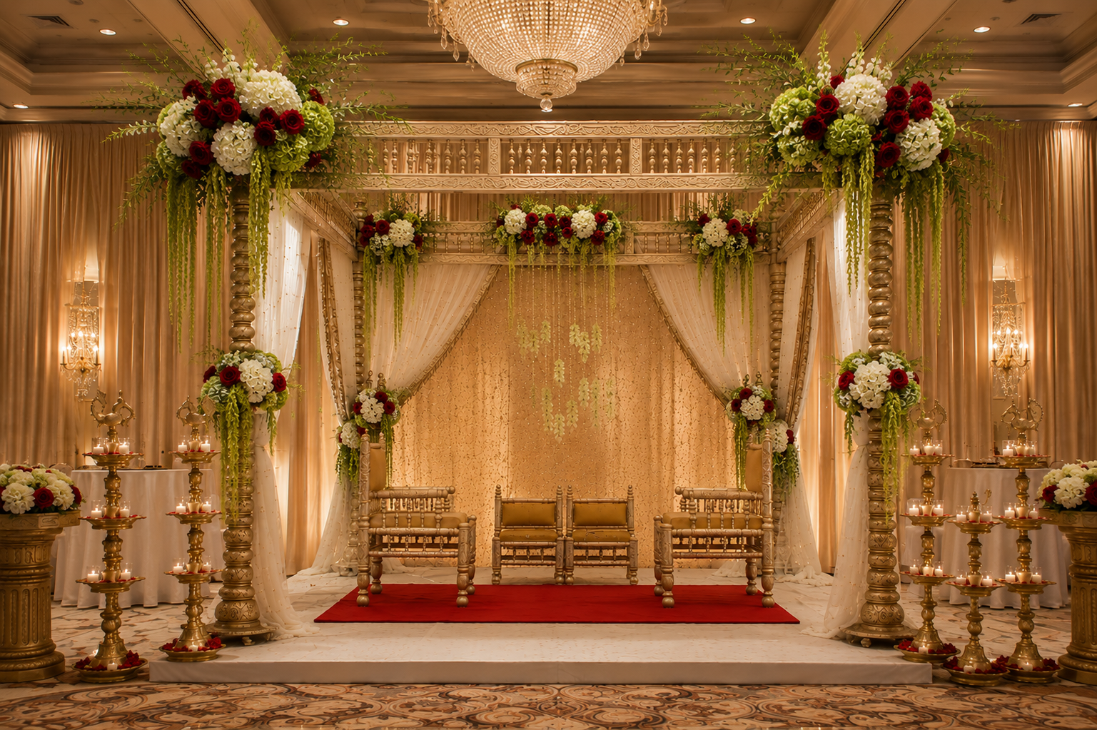 Modern indoor Sankheda mandap with red and white floral arrangements