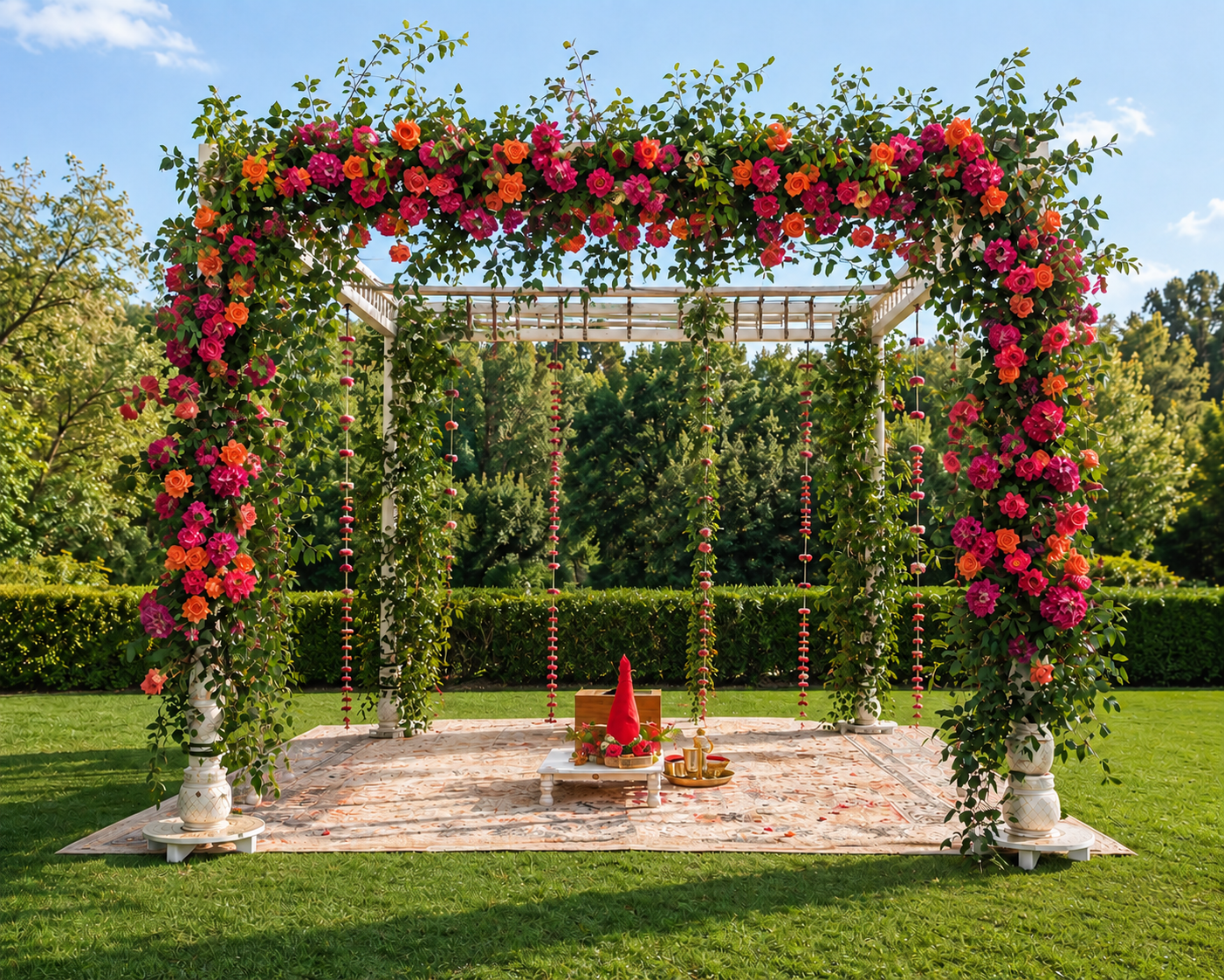 Outdoor white Sankheda mandap with bright pink and orange florals